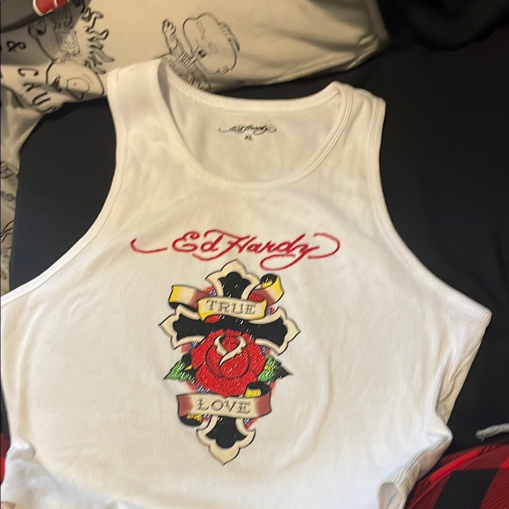 Ed Hardy White Tank with Colorful Tattoo Design